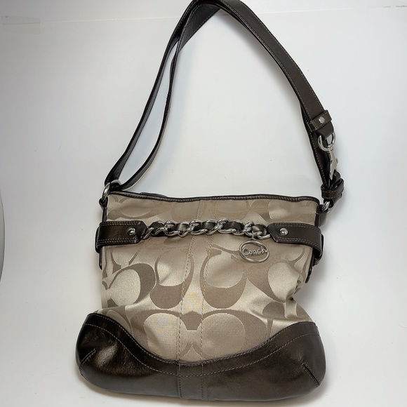 Coach Womens Brown Tan Sateen Signature Chain Duffle Convertible Crossbody Bag - Picture 1 of 15